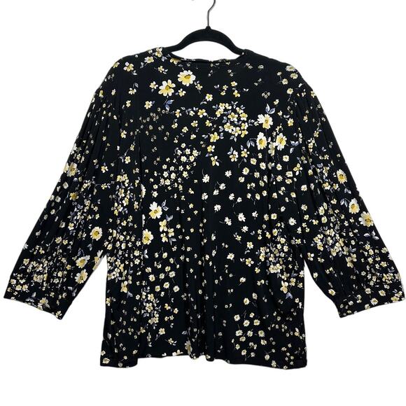 Karl Lagerfeld Paris Floral 3/4 Sleeve Blouse Cut Out Tie Neck Black Yellow 2X - Picture 7 of 10